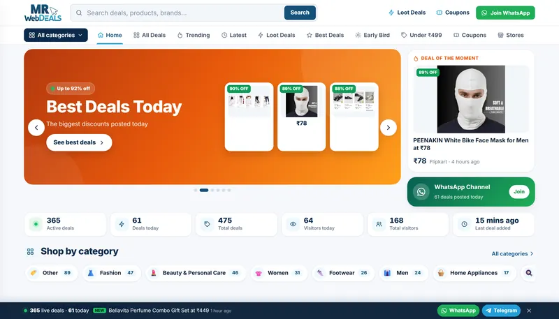 Homepage of the MR Web Deals online deals website