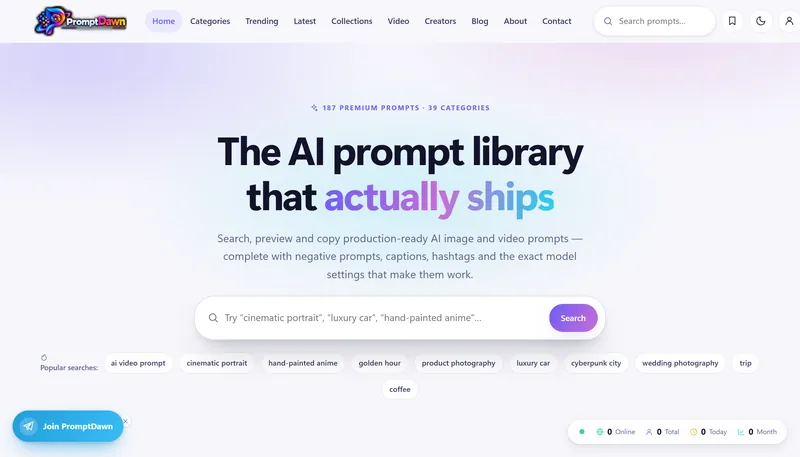 Homepage of the PromptDawn AI prompt library